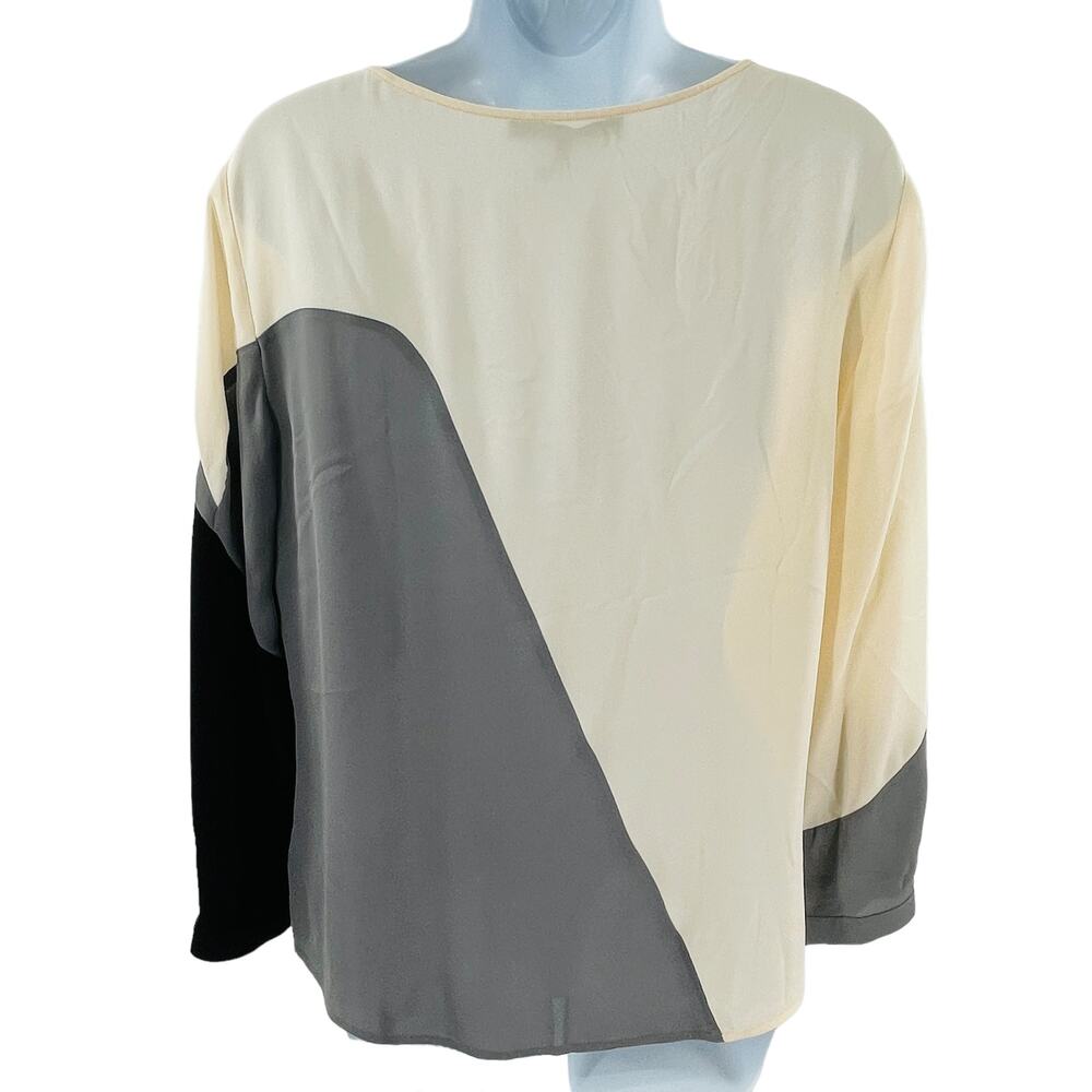 Halston Heritage Cream Gray Black Asymmetrical Silk Long Sleeve Blouse Top XS - Picture 3 of 11